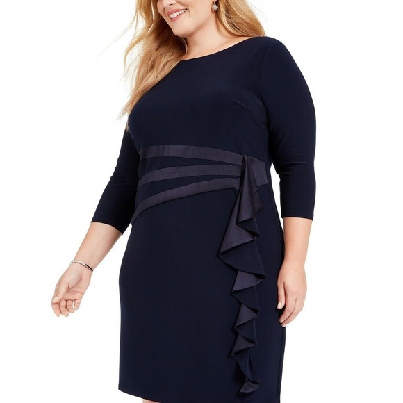 Jessica Howard Navy Ruffled Jewel Neck Sheath Dress Size 14W NWT - Picture 2 of 5